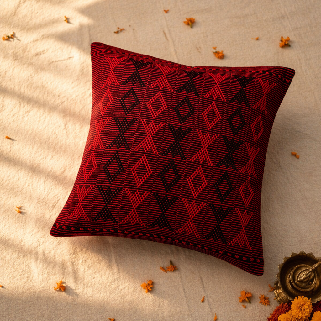 Naga Arrowhead Backstrap-Woven Red and Black Cushion Cover, The Living Room. Handmade in India by House of Taraasha.