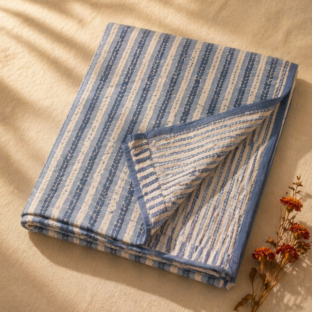 Blue Leafy Stripes Reversible Mulmul Quilt, The Linen Room. Handmade in India by House of Taraasha.