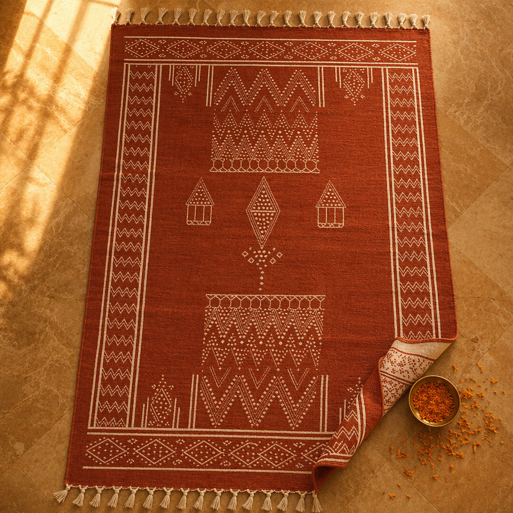 Mandana Diamond Hand-Printed Rust Cotton Rug, The Woven Floor. Handmade in India by House of Taraasha.