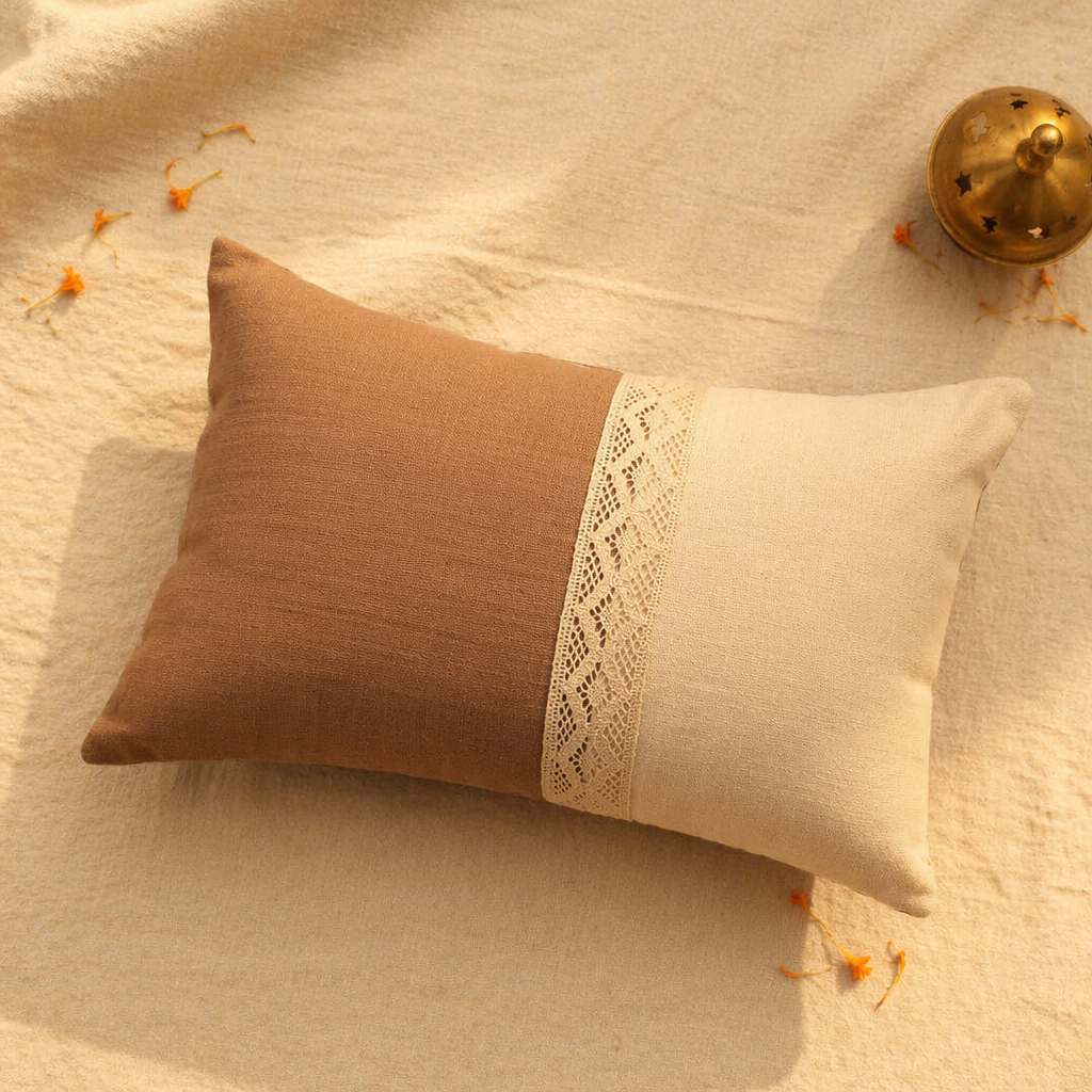 Taupe and Off White Rectangular Crochet Cushion Cover, The Living Room. Handmade in India by House of Taraasha.