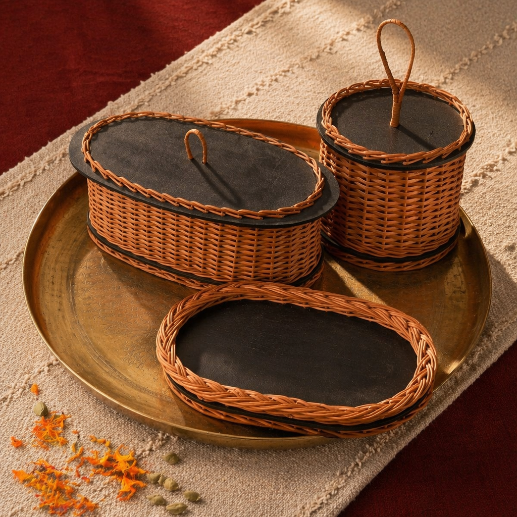 Kashmiri Willow Wicker Bread, Tray & Cutlery Set, The Brass Atelier. Handmade in India by House of Taraasha.