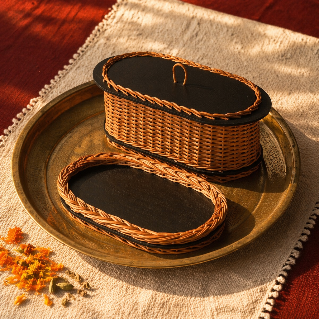 Kashmiri Willow Wicker Bread Box & Serving Tray, The Brass Atelier. Handmade in India by House of Taraasha.