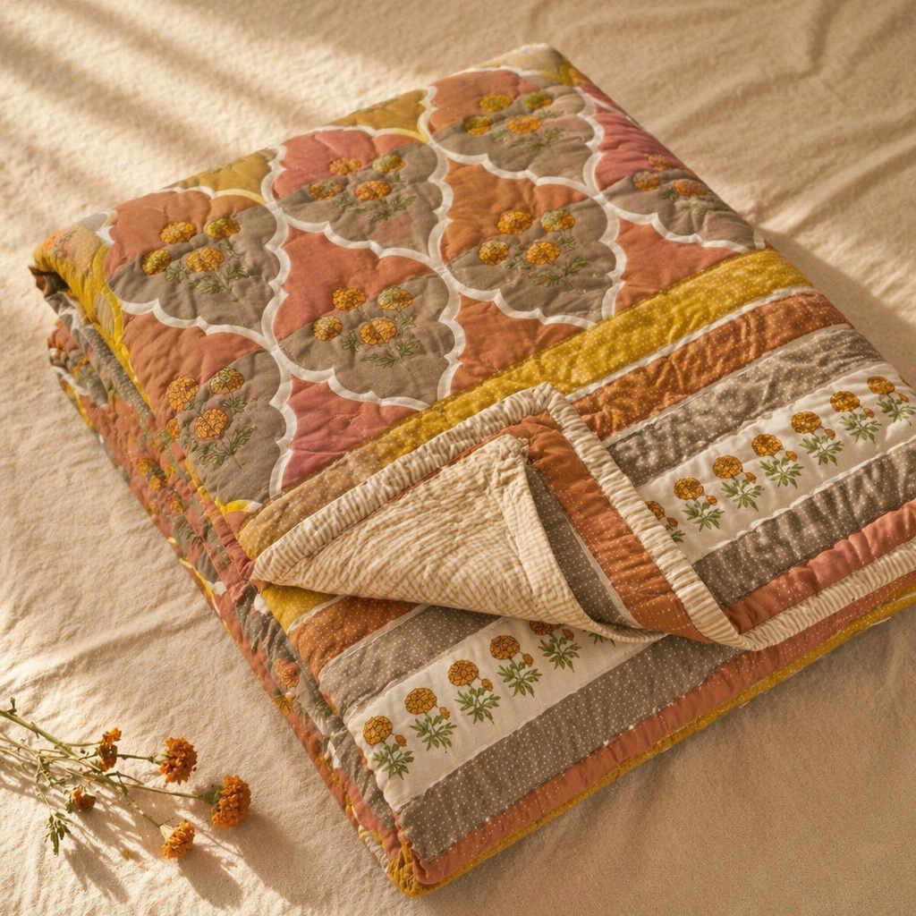 Rust & Taupe Marigold Cotton Quilt, The Linen Room. Handmade in India by House of Taraasha.