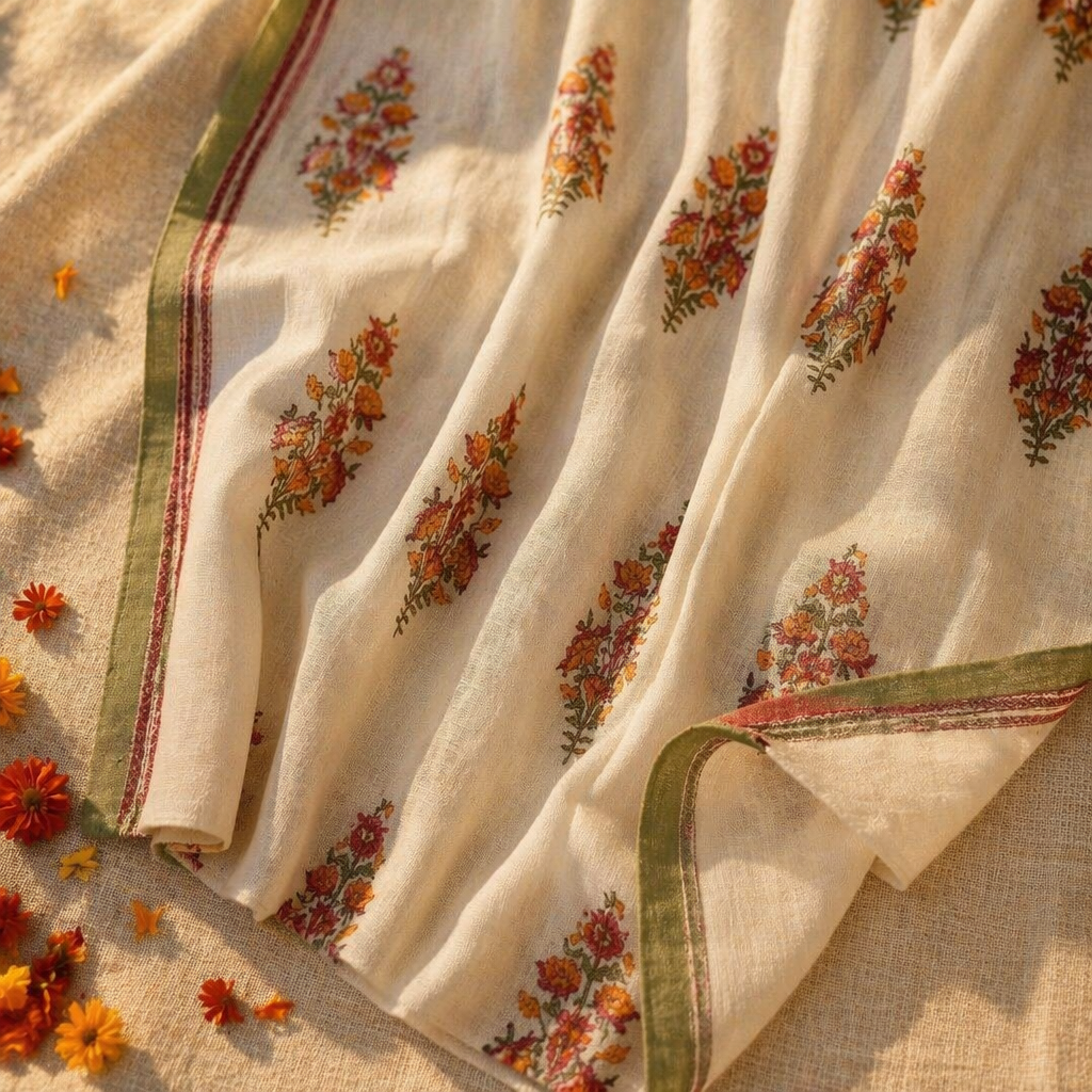 Floral Block-Print Sheer Pure Cotton Window Curtain, The Draped Window. Handmade in India by House of Taraasha.