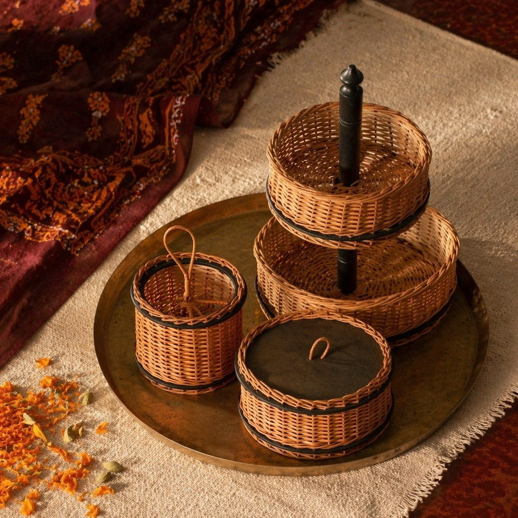 Kashmiri Willow Wicker Table Set: Basket, Box & Cutlery, The Wicker House. Handmade in India by House of Taraasha.