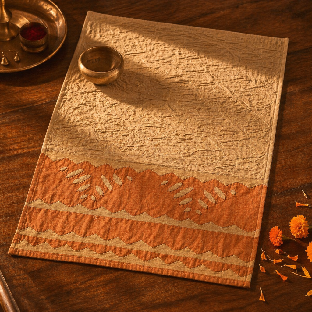 Applique Cutwork Runner Taupe and Rust, The Gathered Table. Handmade in India by House of Taraasha.