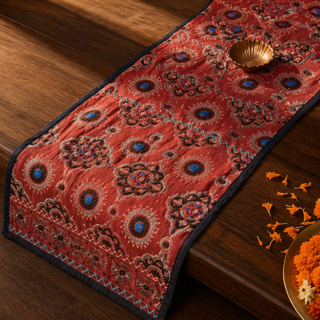 Ajrakh Red Block-Printed Cotton Table Runner, The Gathered Table. Handmade in India by House of Taraasha.