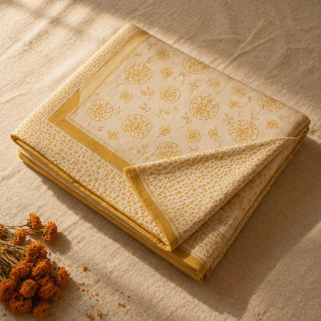 Mustard & Off-White Marigold Motif Bedsheet, The Linen Room. Handmade in India by House of Taraasha.