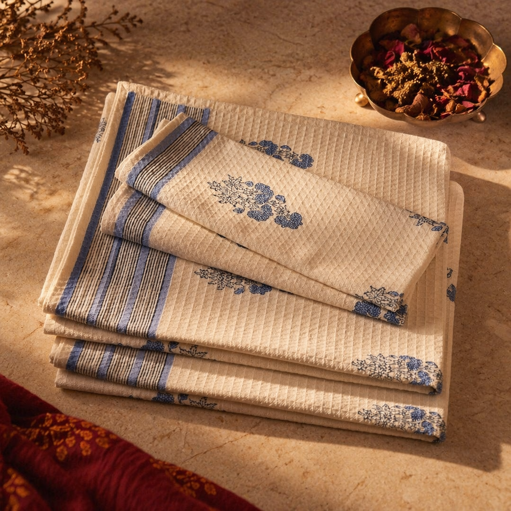 Blue Floral Hand Block-Printed Cotton Bath Towel, The Linen Room. Handmade in India by House of Taraasha.