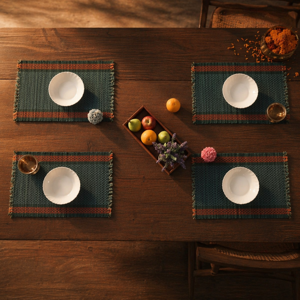 Teal Handwoven Grass Table Mat, The Gathered Table. Handmade in India by House of Taraasha.