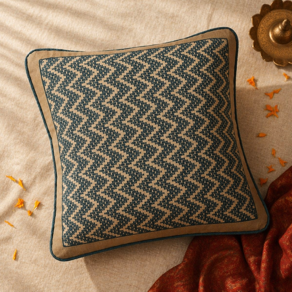 Ivory and Navy Chintz Chevron Cotton Cushion Cover. Handmade in India by House of Taraasha.