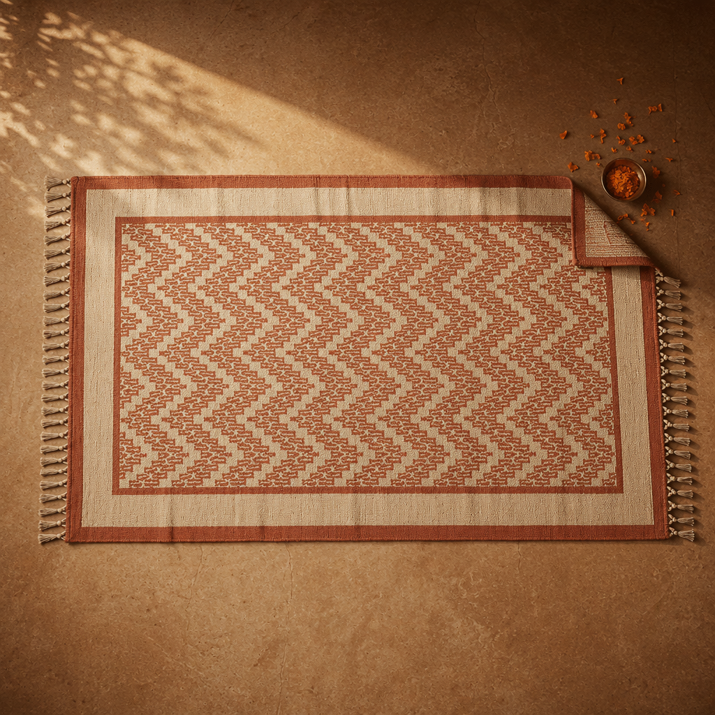 Chintz Chevron Ivory and Coral Hand Block-Printed Rug, The Woven Floor. Handmade in India by House of Taraasha.