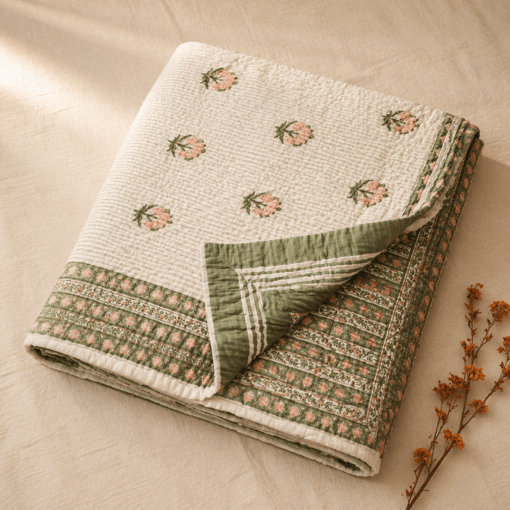 Dusty Pink & Green Reversible Mulmul Quilt, The Linen Room. Handmade in India by House of Taraasha.