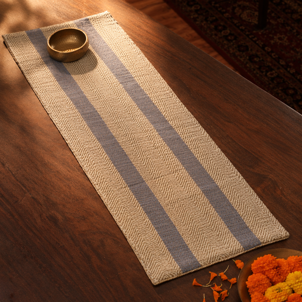 Madur Blue Handwoven Grass Table Runner, The Gathered Table. Handmade in India by House of Taraasha.