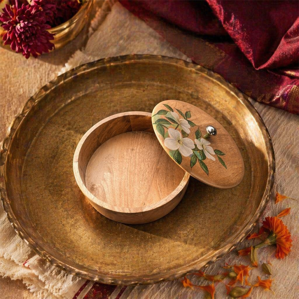Rajasthani Hand-Painted Mango Wood Roti Box, The Wood Table. Handmade in India by House of Taraasha.