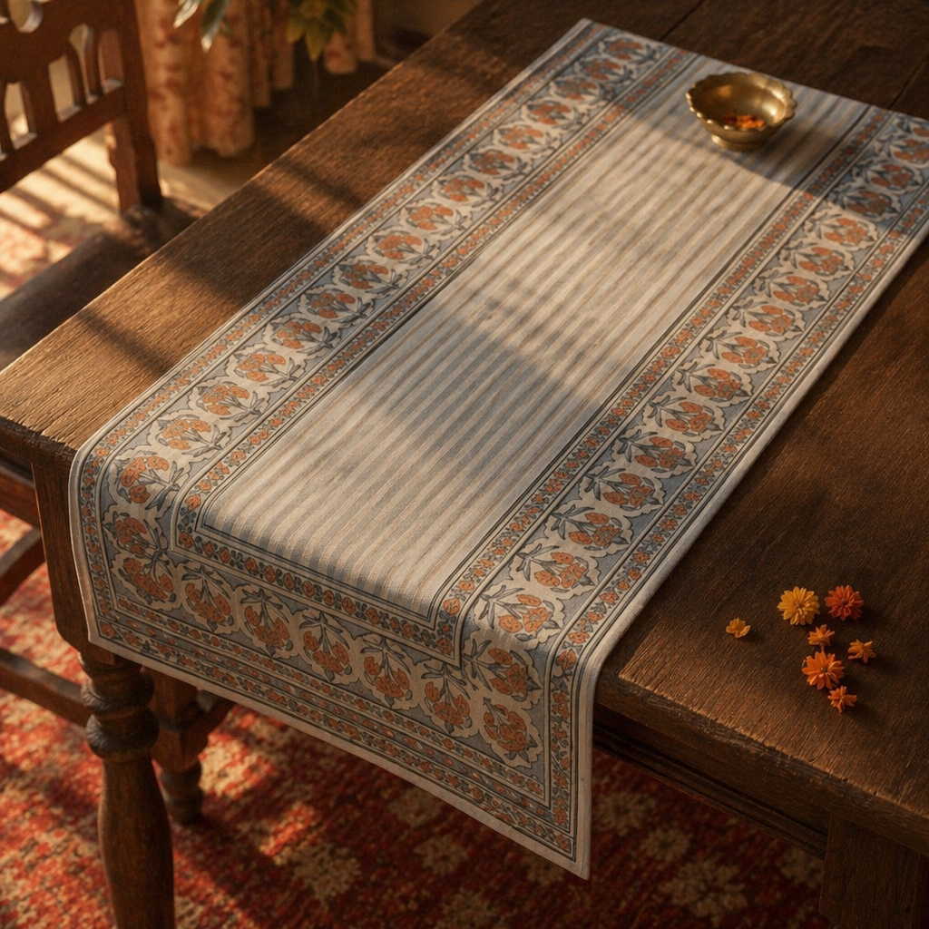 Blue & Dusty Pink Floral Cotton Tablecloth & Mat Set, The Gathered Table. Handmade in India by House of Taraasha.
