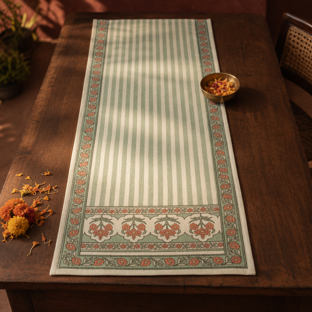 Royal Green & Pink Pure Cotton Table Runner, The Gathered Table. Handmade in India by House of Taraasha.