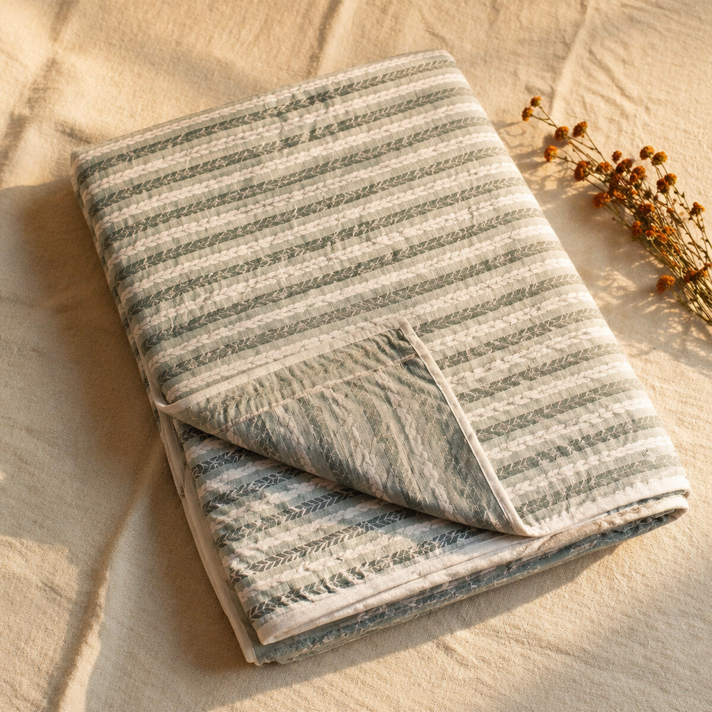 Green Leafy Stripes Reversible Mulmul Quilt, The Linen Room. Handmade in India by House of Taraasha.