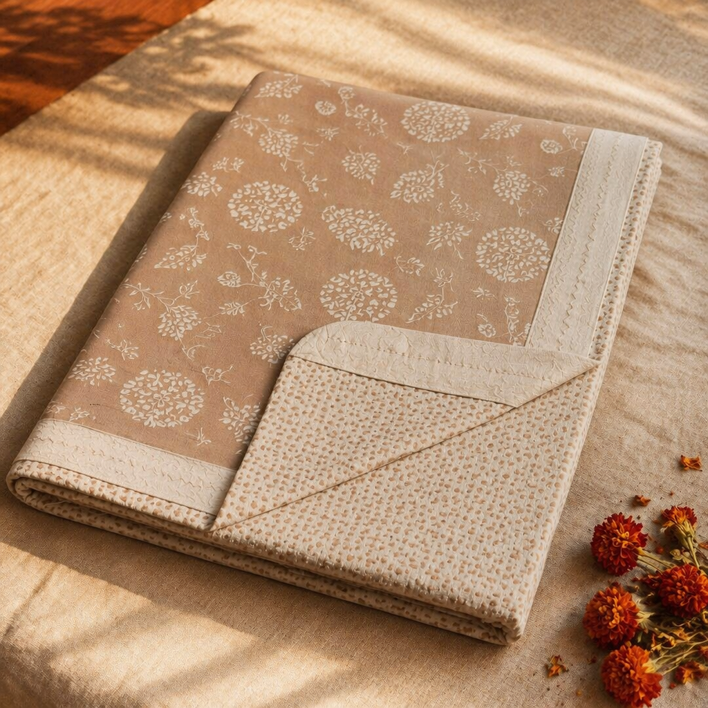 Marigold Taupe and Off-White Block-Printed Bedsheet, The Linen Room. Handmade in India by House of Taraasha.