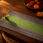 Madur Teal & Blue Handwoven Grass Runner, The Gathered Table. Handmade in India by House of Taraasha.
