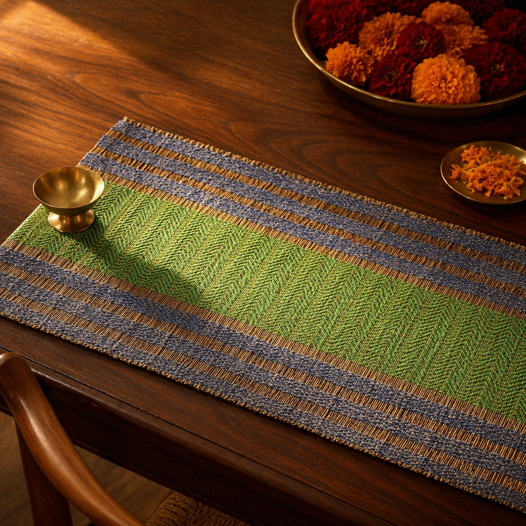 Madur Teal & Blue Handwoven Grass Runner, The Gathered Table. Handmade in India by House of Taraasha.