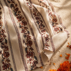 Chintz Sheer Off-White, Brick Red and Navy Striped Floral Curtain, The Draped Window. Handmade in India by House of Taraasha.