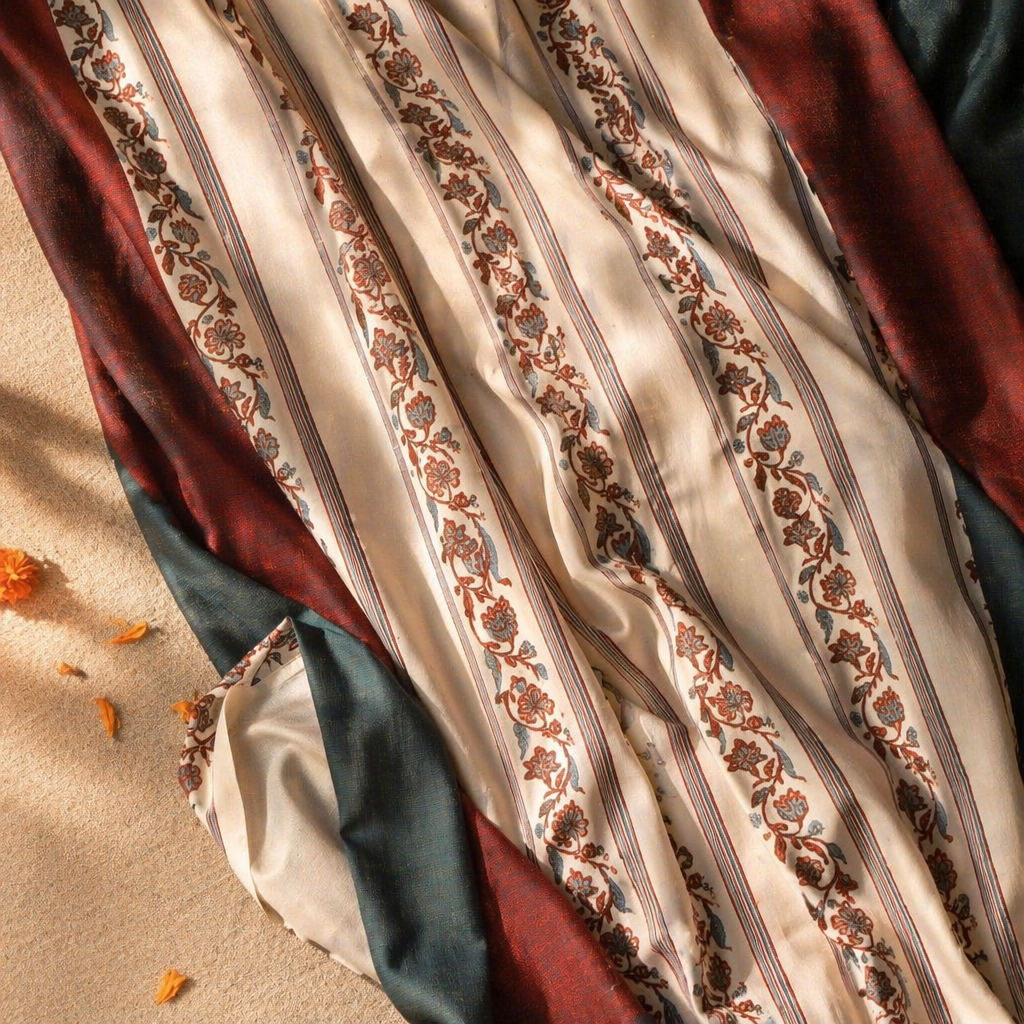 Chintz Assorted Set Off-White, Navy and Brick Red Cotton Curtains, The Draped Window. Handmade in India by House of Taraasha.