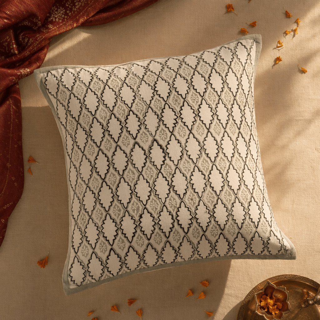 Aqua Geometric Hand Block-Printed Cotton Cushion Cover, The Living Room. Handmade in India by House of Taraasha.