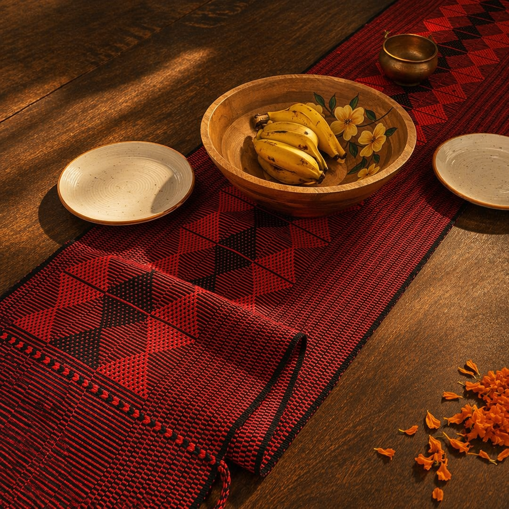 Red & Black Arrowhead Naga Backstrap-Woven Runner, The Gathered Table. Handmade in India by House of Taraasha.
