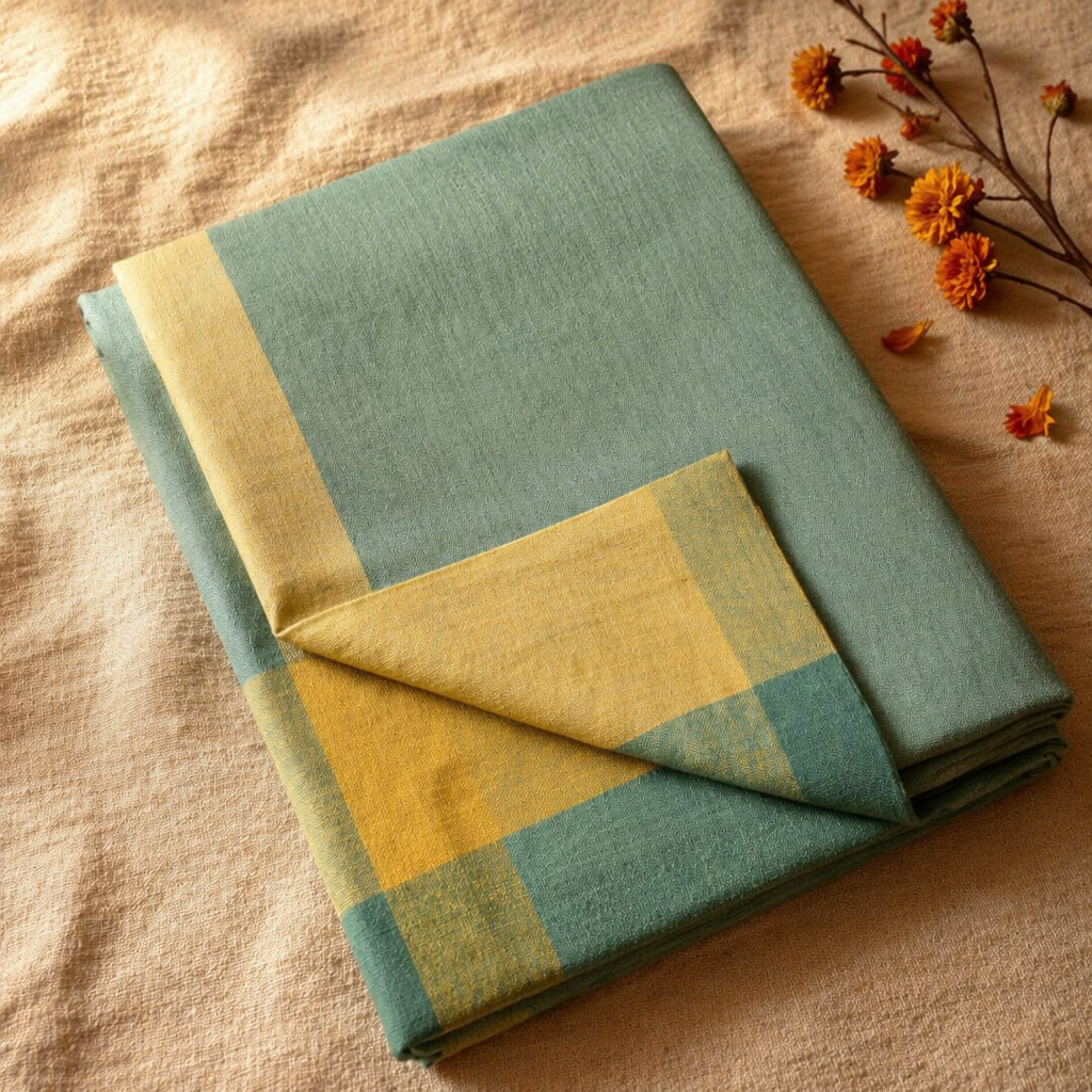 Marigold Teal Handwoven Cotton Bed Cover, The Linen Room. Handmade in India by House of Taraasha.