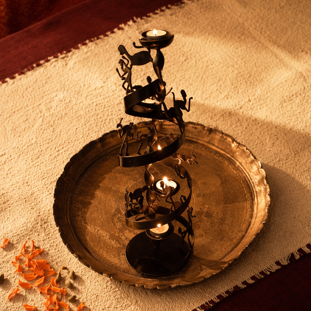 Bastar Wrought Iron Spiral Tealight Holder, Still Light. Handmade in India by House of Taraasha.