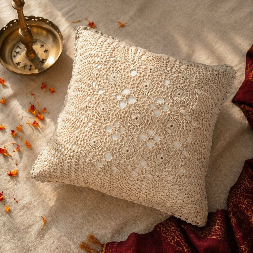 White Crochet Handmade Cotton Cushion Cover, The Living Room. Handmade in India by House of Taraasha.