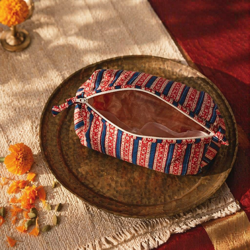 Quilted Block-Print Pouch Red and Blue, Large, The Gift Room. Handmade in India by House of Taraasha.