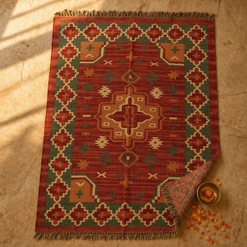 Geometric Rust Punja-Woven Jute and Wool Rug, The Woven Floor. Handmade in India by House of Taraasha.
