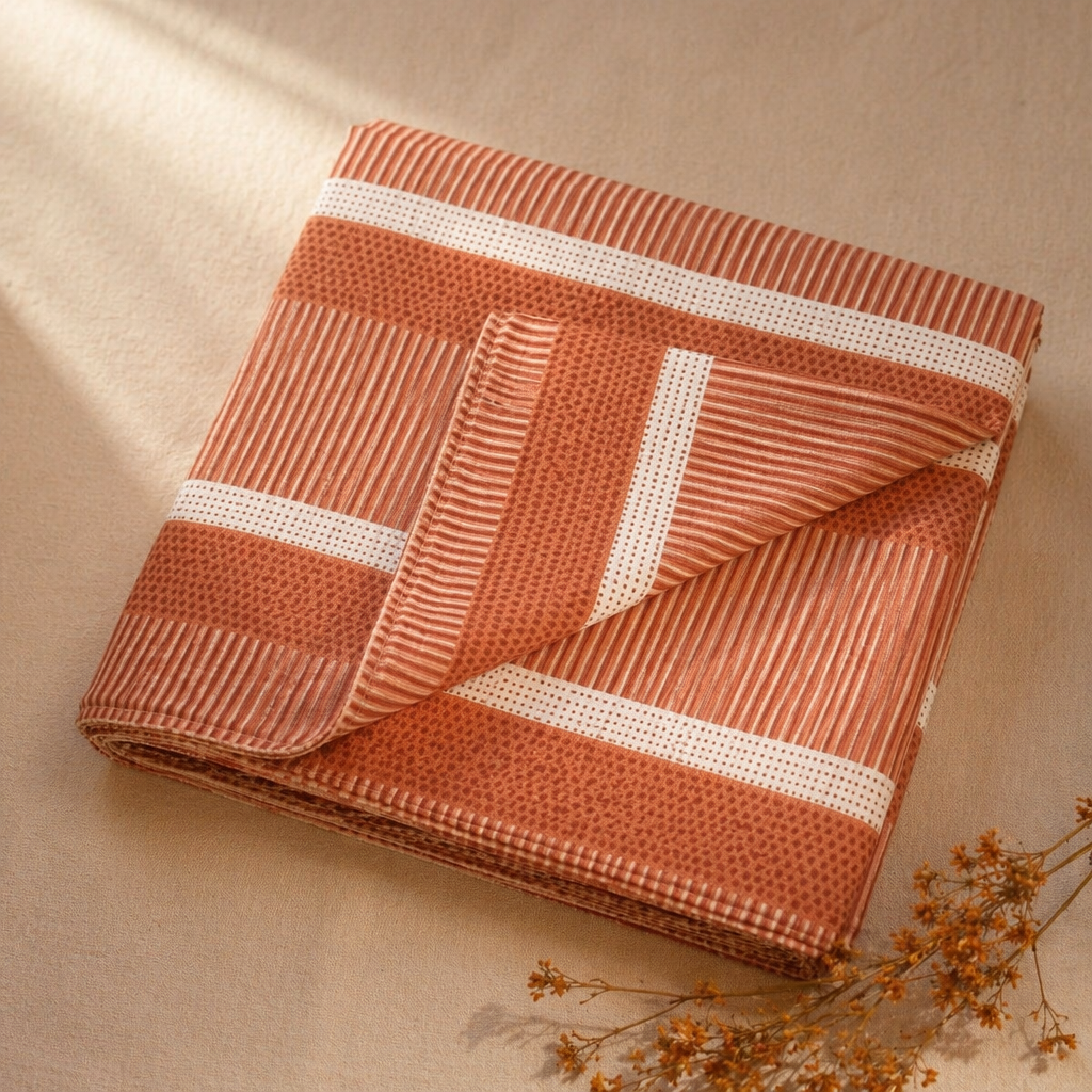 Marigold Rust and Off-White Block-Printed Bedsheet, The Linen Room. Handmade in India by House of Taraasha.
