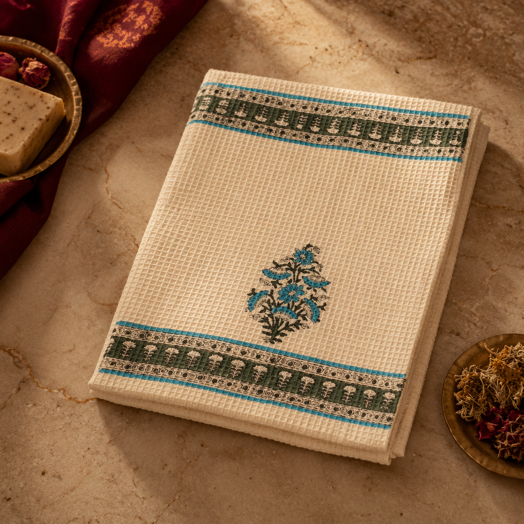 Block-Printed Waffle Hand-Printed Cotton Hand Towel, The Linen Room. Handmade in India by House of Taraasha.