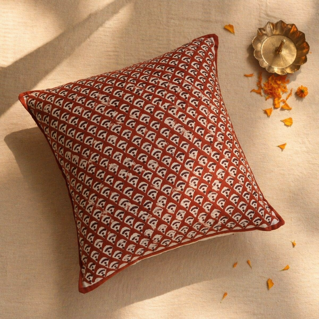 Geometric Maroon Hand Block-Printed Cotton Cushion Cover, The Living Room. Handmade in India by House of Taraasha.