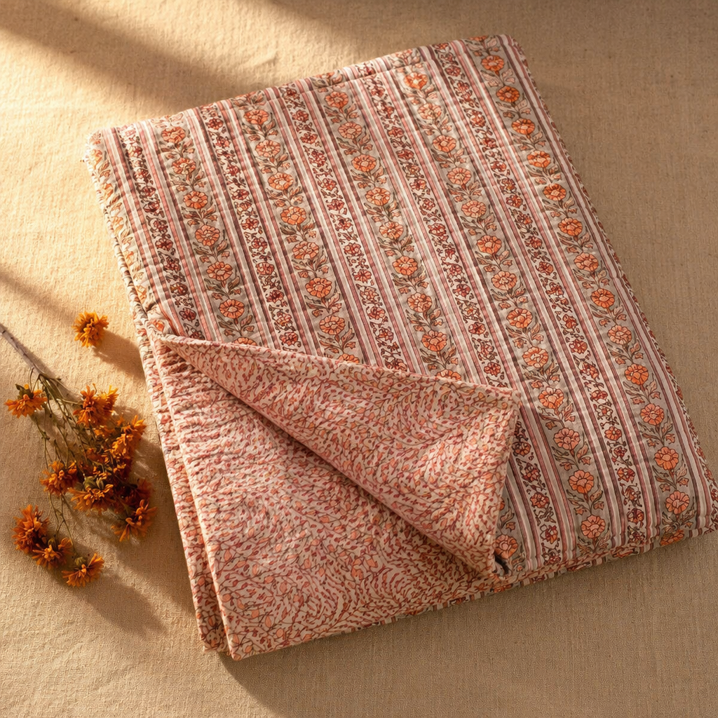 Dusty Pink Floral & Geometric Mulmul Quilt, The Linen Room. Handmade in India by House of Taraasha.