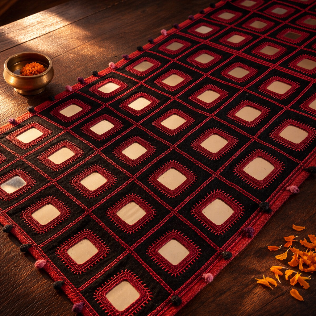 Lambani Mirrorwork Runner Red and Black, The Gathered Table. Handmade in India by House of Taraasha.