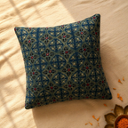 Indigo and Green Block-Printed Mirror-Embroidered Cushion, The Living Room. Handmade in India by House of Taraasha.