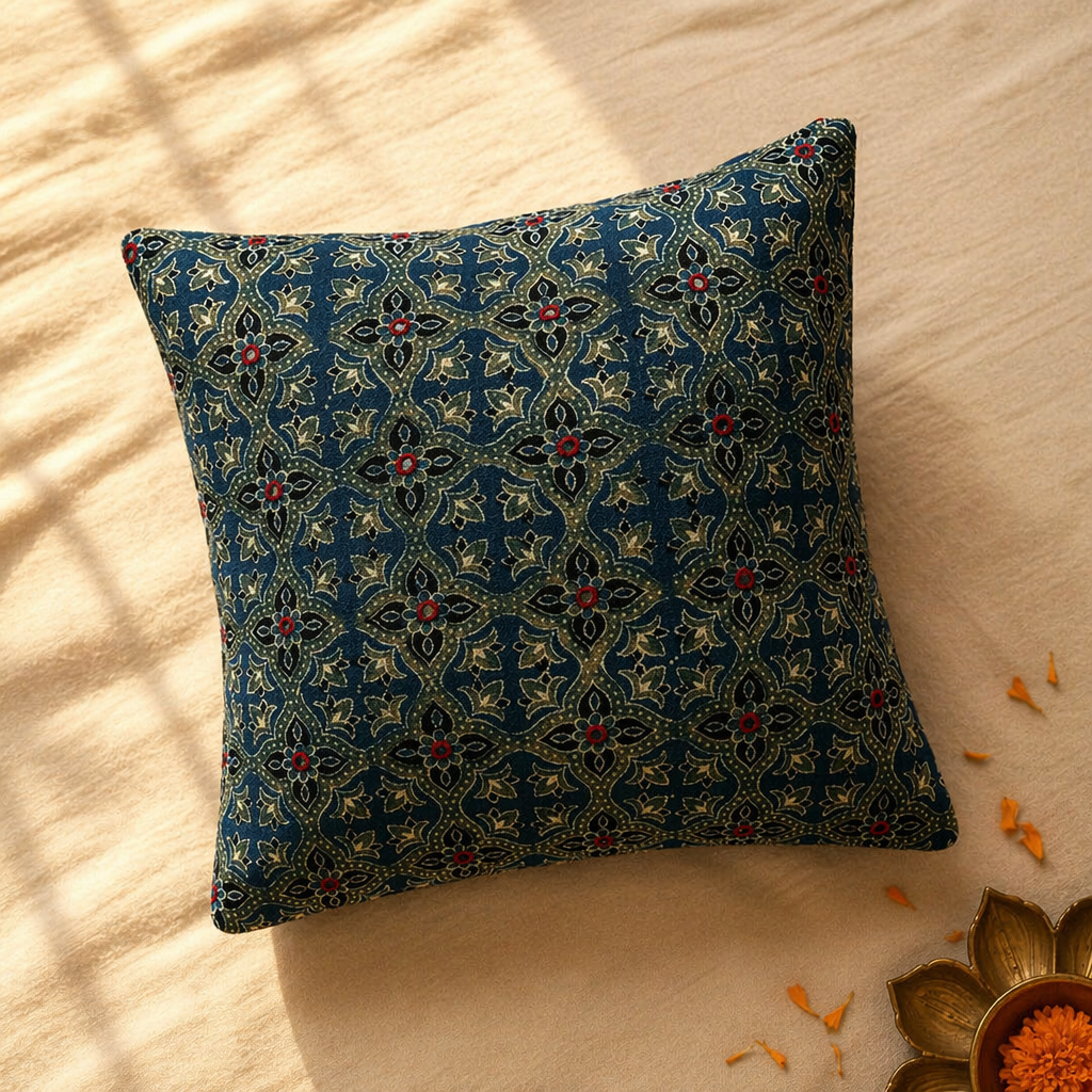 Indigo and Green Block-Printed Mirror-Embroidered Cushion, The Living Room. Handmade in India by House of Taraasha.