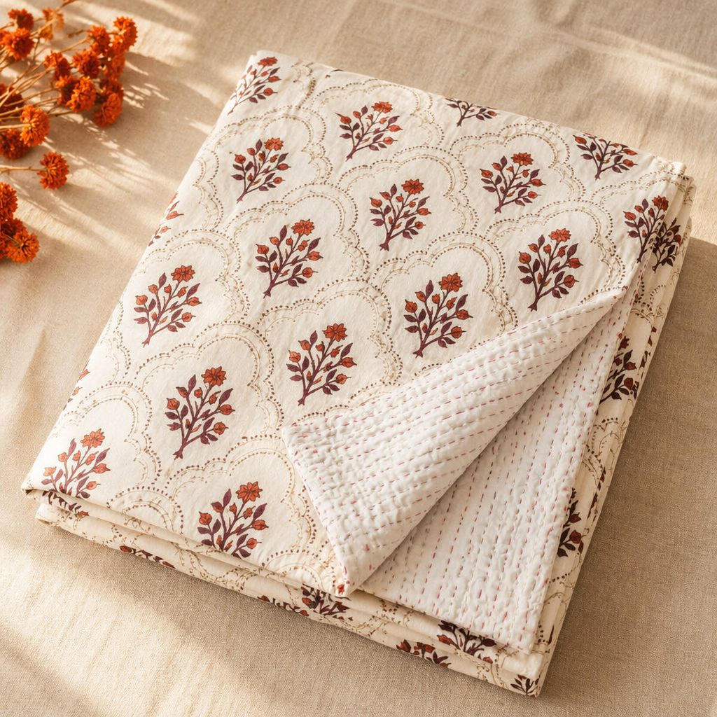Ornate Florals Rust and Maroon Reversible Quilt, The Linen Room. Handmade in India by House of Taraasha.