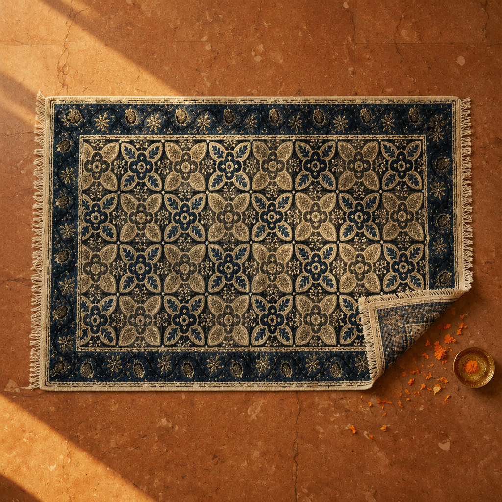 Kalamkari Indigo Hand Block-Printed Cotton Dhurrie, The Woven Floor. Handmade in India by House of Taraasha.