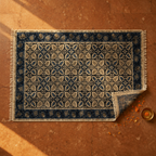 Kalamkari Indigo Hand Block-Printed Cotton Dhurrie, The Woven Floor. Handmade in India by House of Taraasha.