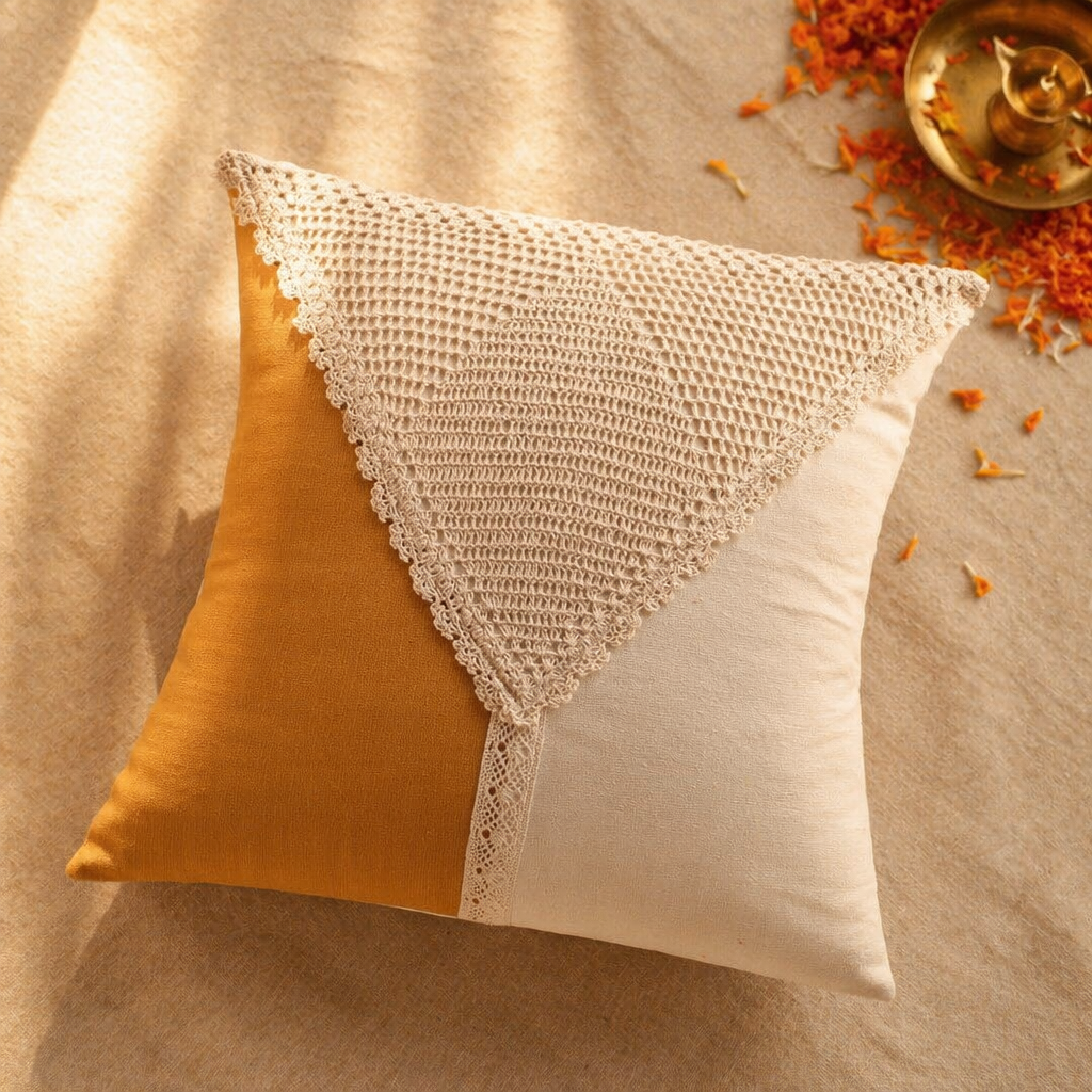 Crochet-Flap Mustard and Off-White Square Cushion Cover, The Living Room. Handmade in India by House of Taraasha.