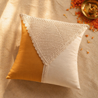 Crochet-Flap Mustard and Off-White Square Cushion Cover, The Living Room. Handmade in India by House of Taraasha.