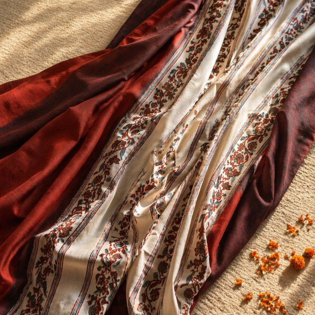 Chintz Assorted Set Off-White and Brick Red Cotton Curtains, The Draped Window. Handmade in India by House of Taraasha.
