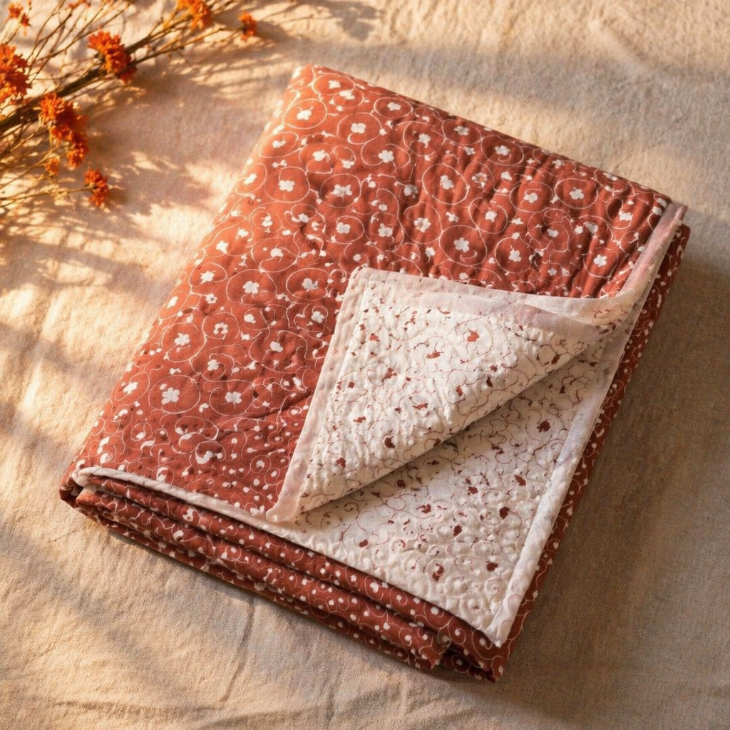 Rust and Off-White Royal Courtyards Reversible Quilt, The Linen Room. Handmade in India by House of Taraasha.