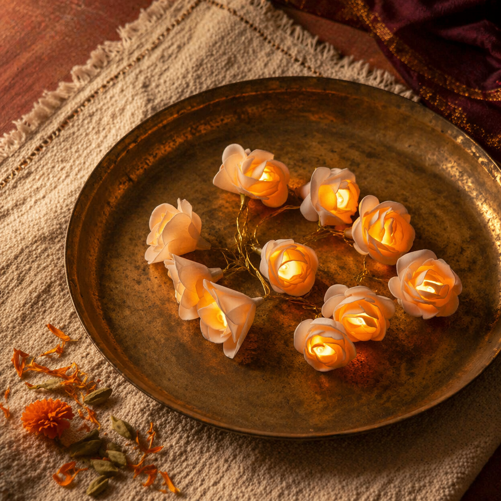 Malakar Shola Flower LED String Lights, Still Light. Handmade in India by House of Taraasha.