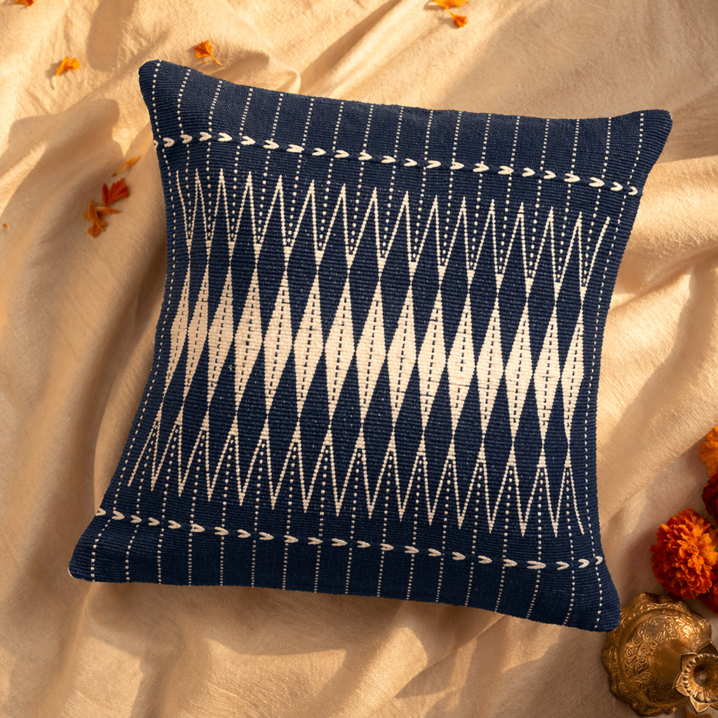 Naga Indigo Fusion Backstrap-Woven Blue and White Cushion Cover, The Living Room. Handmade in India by House of Taraasha.
